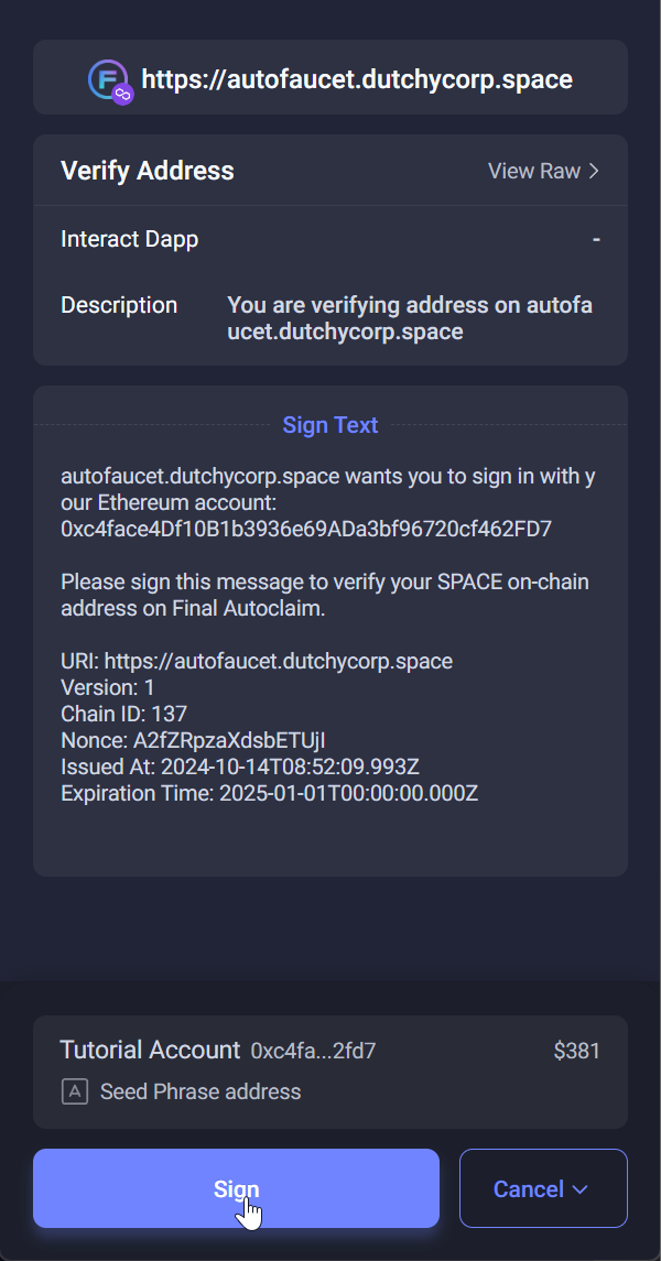 The wallet asking to sign the Final Autoclaim authentication