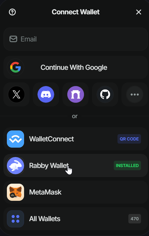 The wallet selection modal
