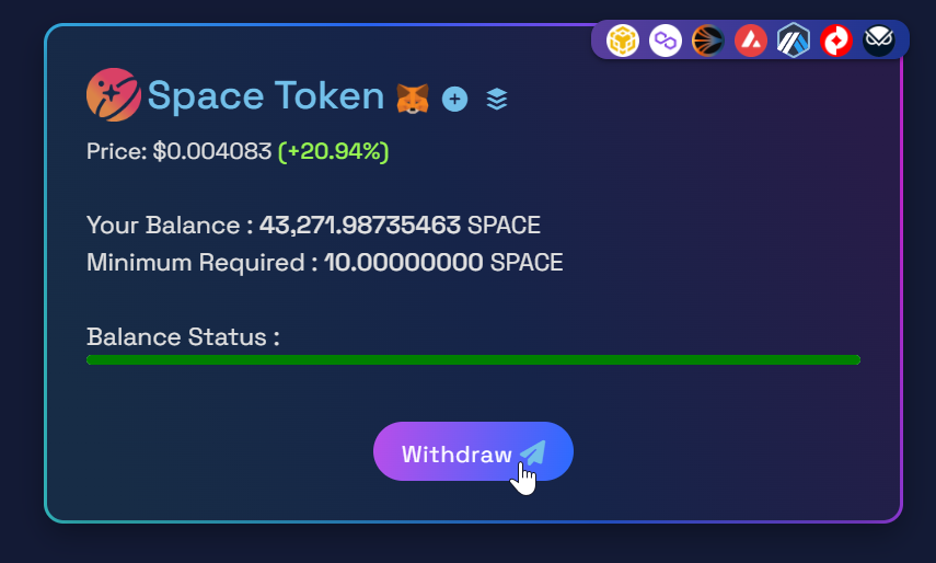 The SPACE internal balance with its Withdraw button