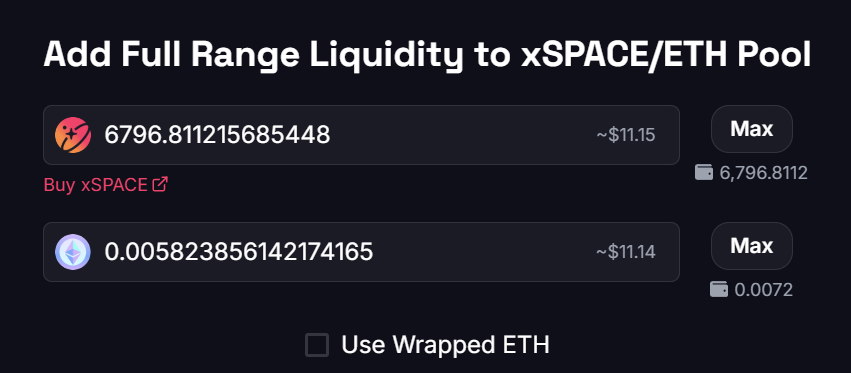 Amount fields filled in the SPACE Liquidity UI on Arbitrum