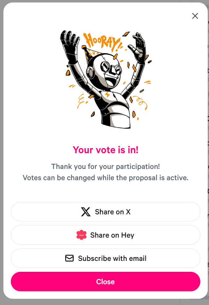 The Hooray confirmation shown after a vote is processed
