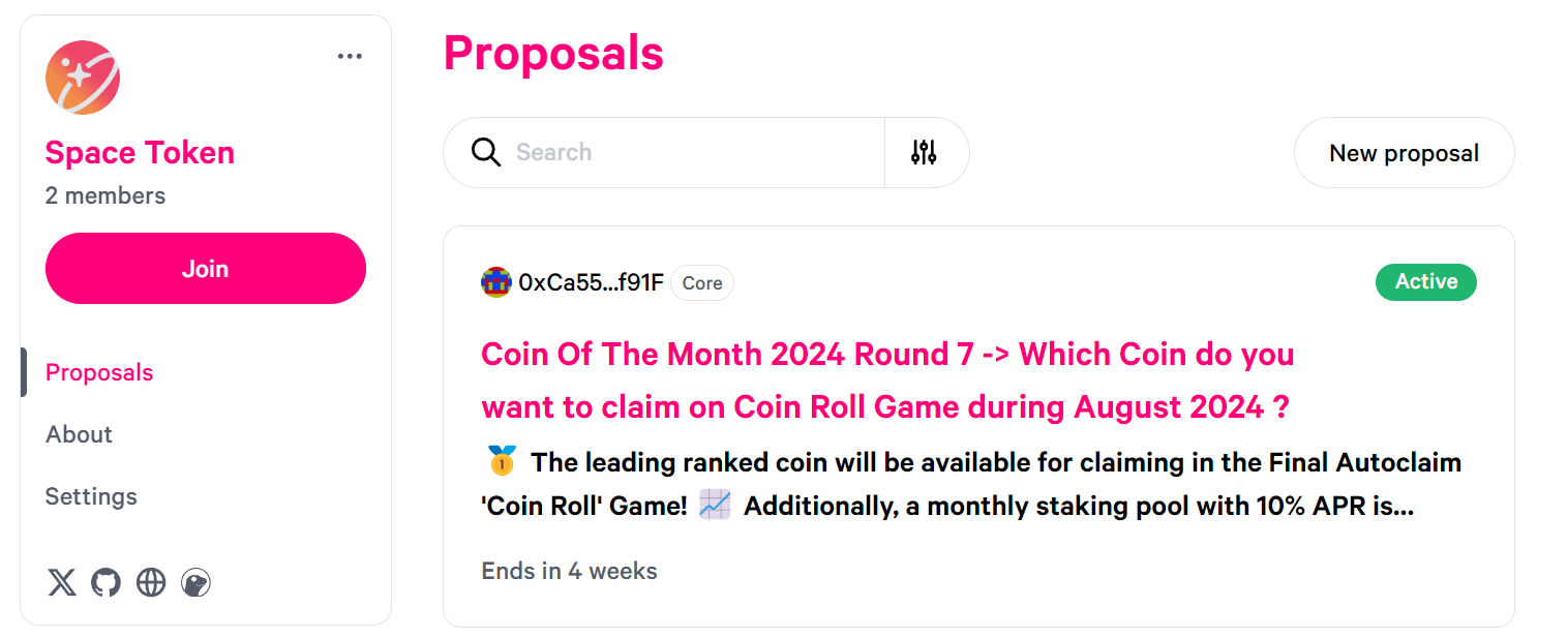 The list of active proposals on the Space Token DAO
