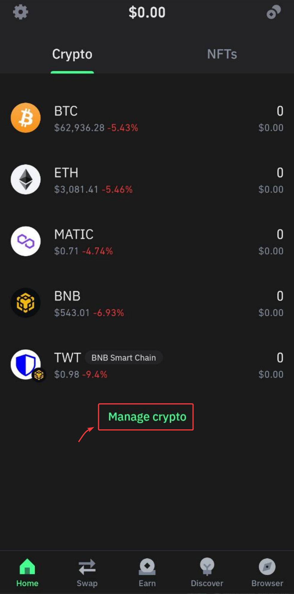 The Manage crypto button at the bottom of the Trust Wallet asset list