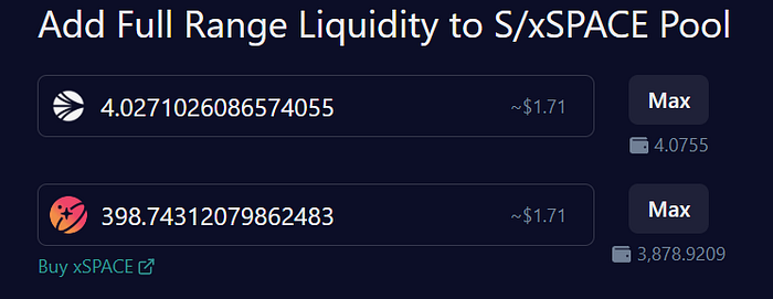 Amount fields filled in the SPACE Liquidity UI on Sonic