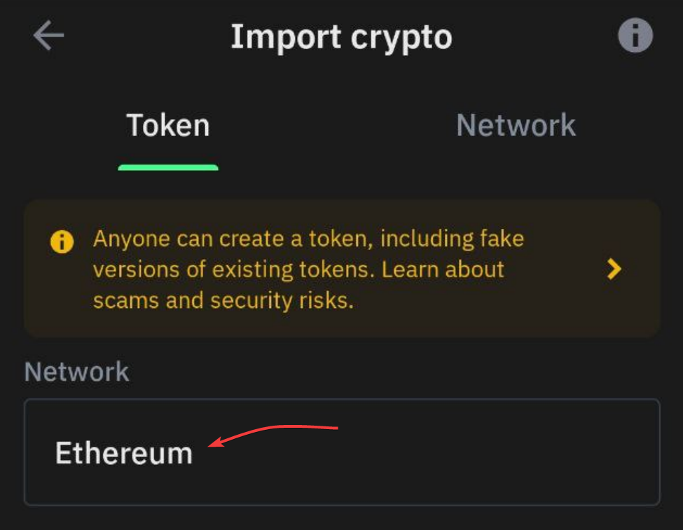 The Import crypto screen in Trust Wallet, with the Network field showing Ethereum