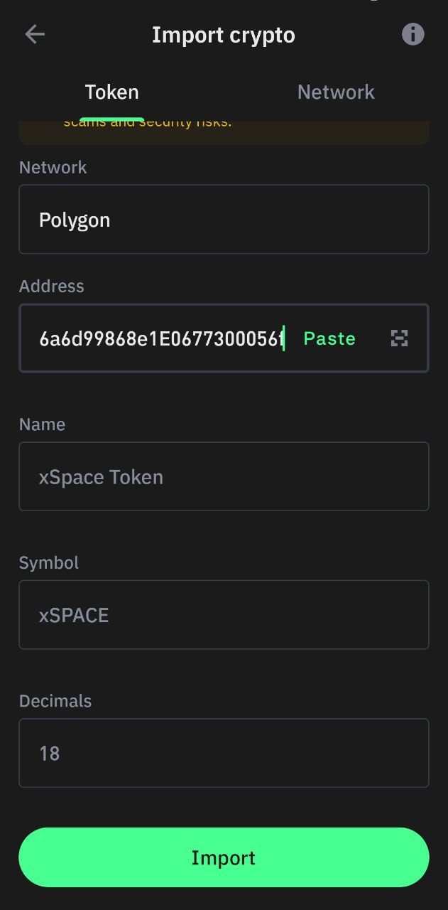 The completed Trust Wallet import form with address, name, symbol and decimals