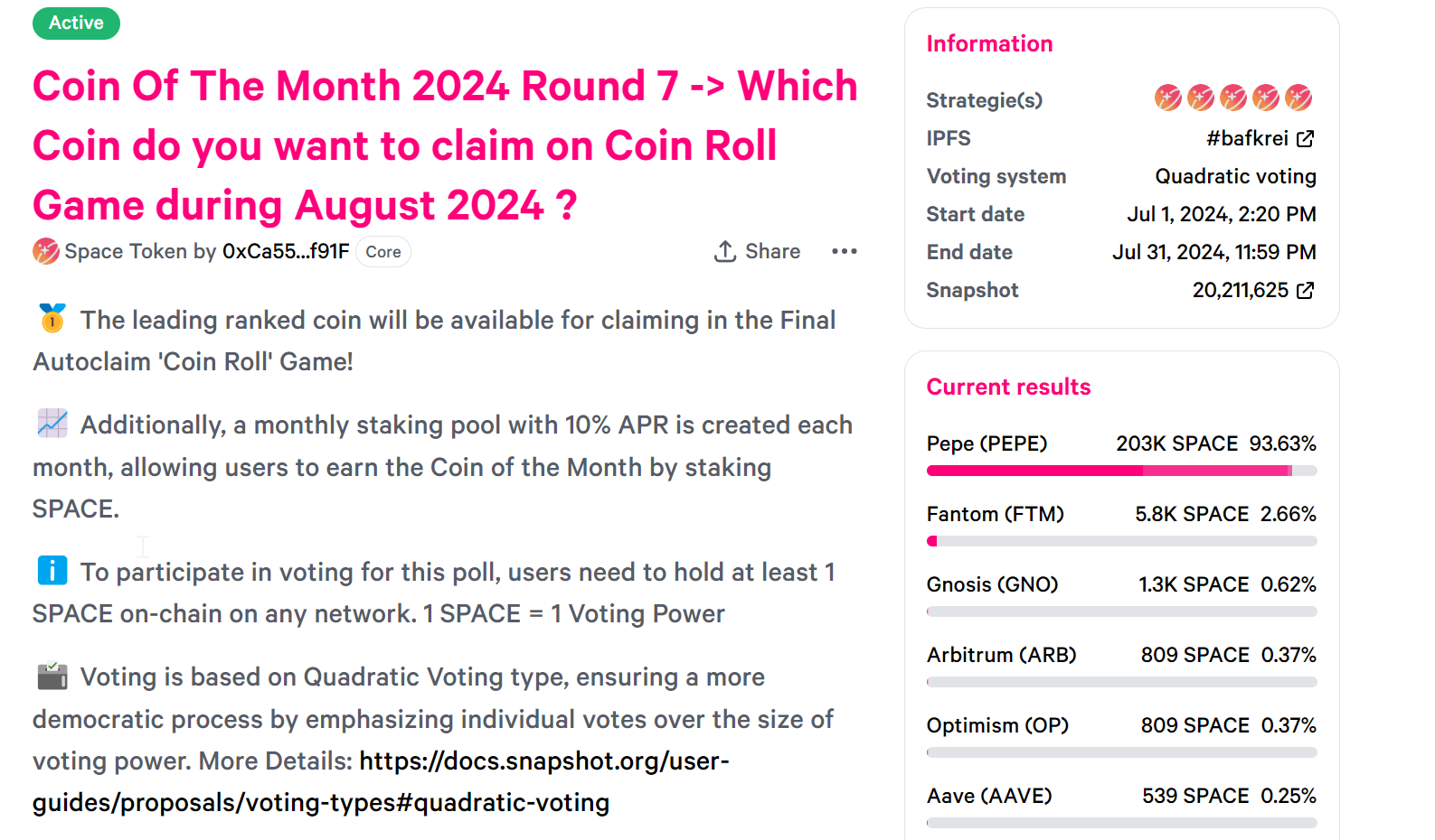 The detail page of a Space Token DAO proposal