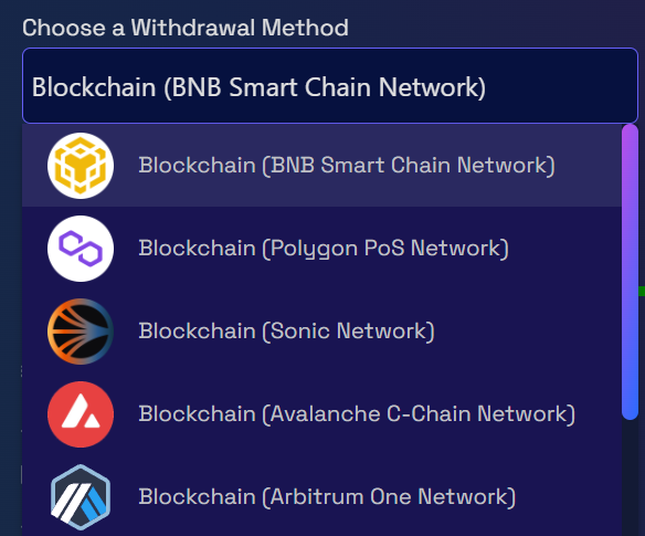 The list of networks available as a withdrawal method