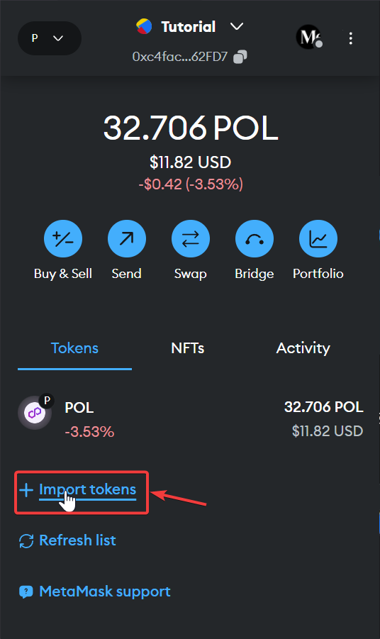 The Import tokens link under the token list in MetaMask