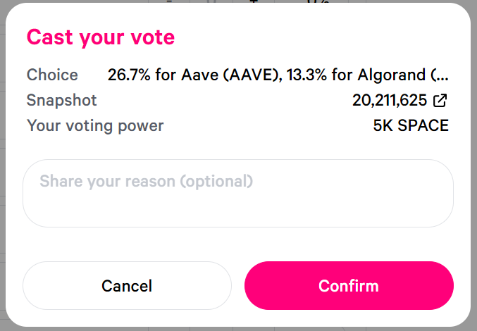 The vote overview showing the selected choices and the voting power