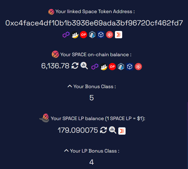 The linked Space Token address shown on the Space Bonus page
