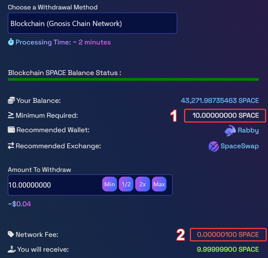 The minimum and fee displayed for a withdrawal on Gnosis Chain