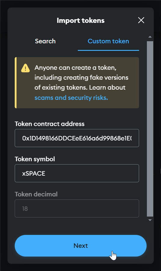 The MetaMask Custom token form with a SPACE contract address pasted in